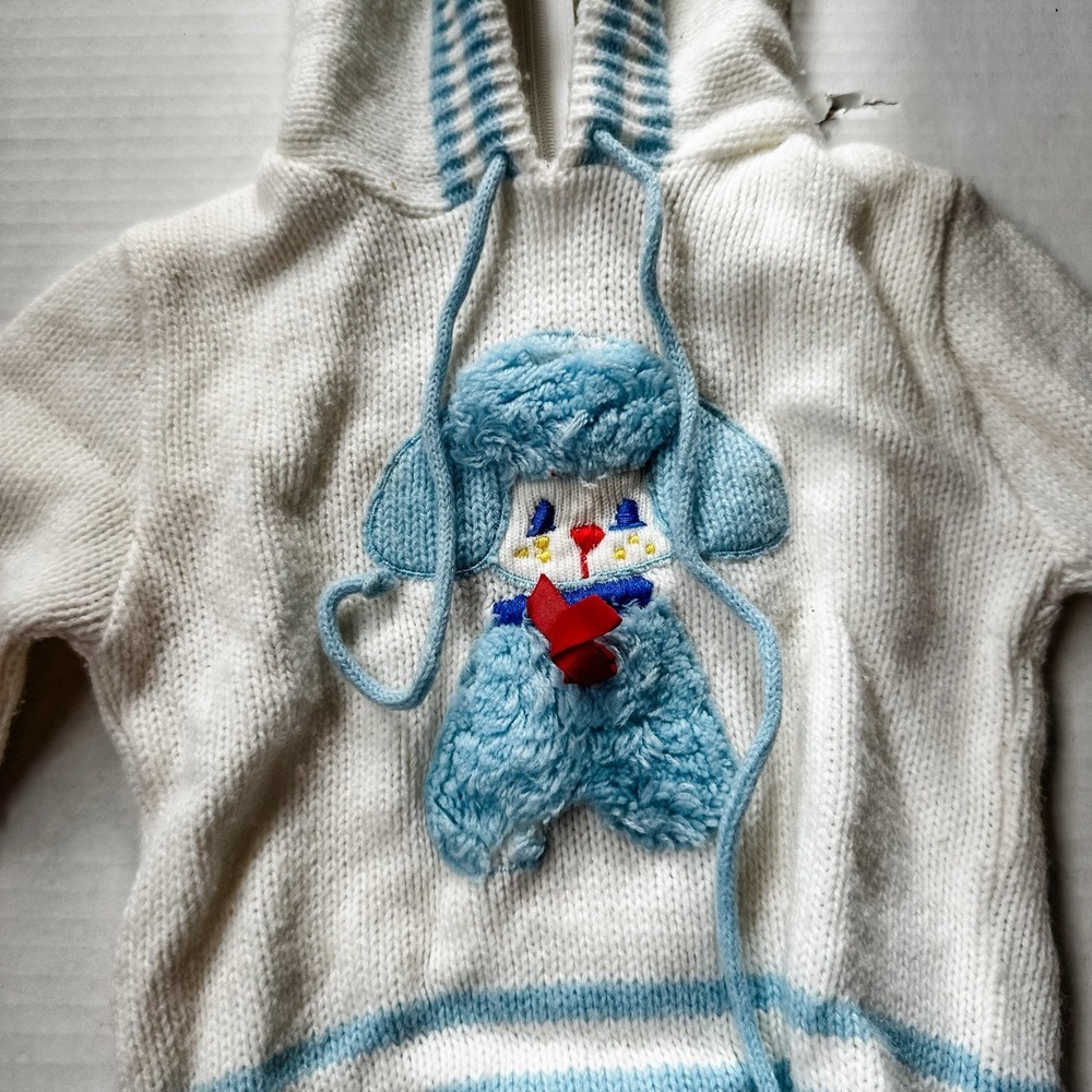 VTG‎ 1980's Tiny Tots Baby Infant Boy Poodle Knit Hood Sweater 12 Mos Blue White